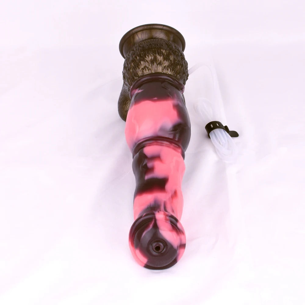 Horse-shaped dildo with knot, pink-and-dark glossy, circular tip opening and tube attachment