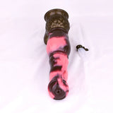 Horse-shaped dildo with knot, pink-and-dark glossy, circular tip opening and tube attachment