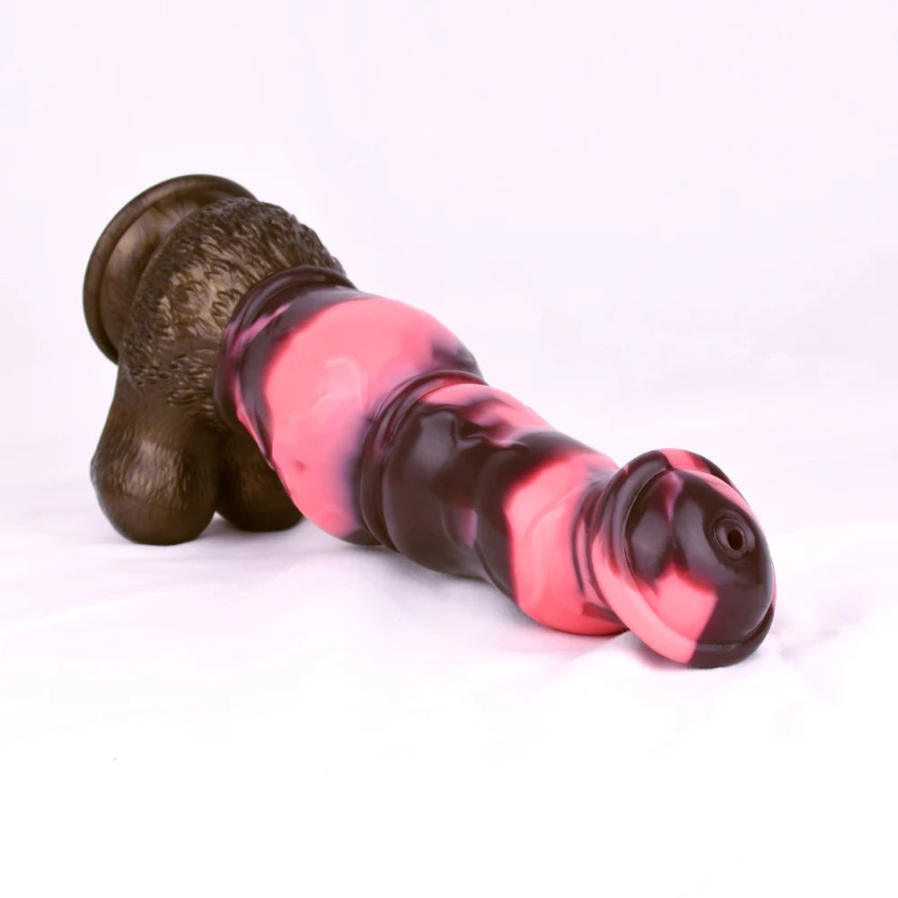 Horse-shaped dildo with knot, pink-and-dark glossy, flared base and rounded tip opening