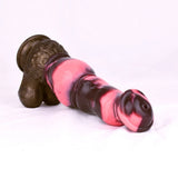 Horse-shaped dildo with knot, pink-and-dark glossy, flared base and rounded tip opening
