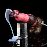 Horse-head dildo with pink shaft, knot end, tubes connected; spray effect