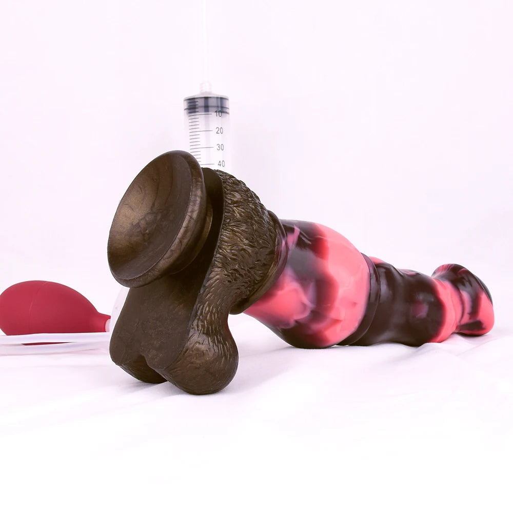 Horse-shaped dildo with knot, pink-and-dark glossy finish, wide flared base, side view
