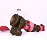 Horse-shaped dildo with knot, pink-and-dark glossy finish, wide flared base, side view