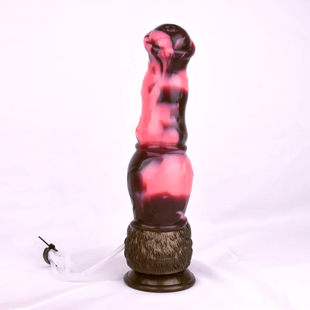 Horse-shaped sex toy dildo with knot, pink-and-dark glossy, suction tube and base stand