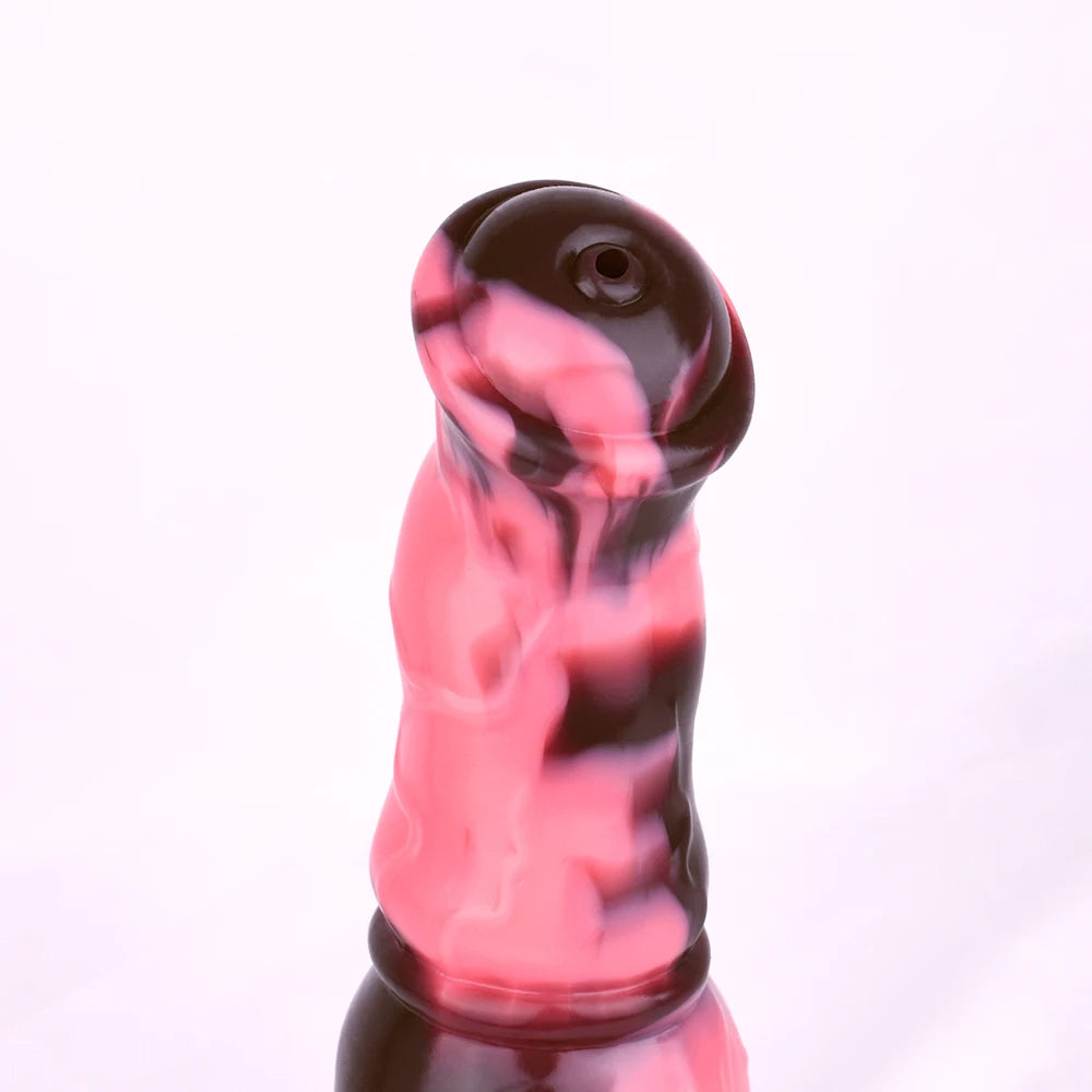 Horse-shaped dildo with knot, pink-and-dark glossy, close-up of head end with circular opening