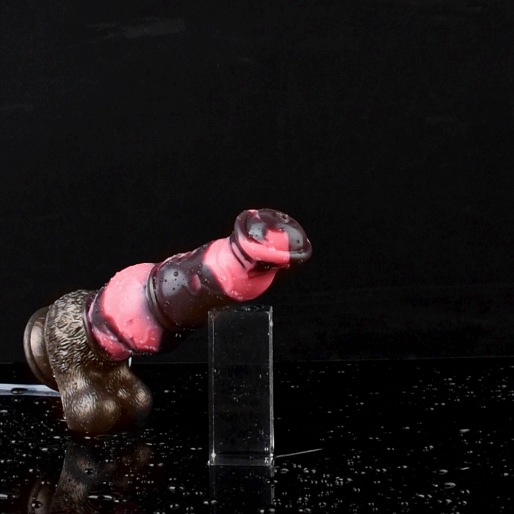 Horse-shaped dildo with knot, pink-and-dark glossy, side view of head end opening