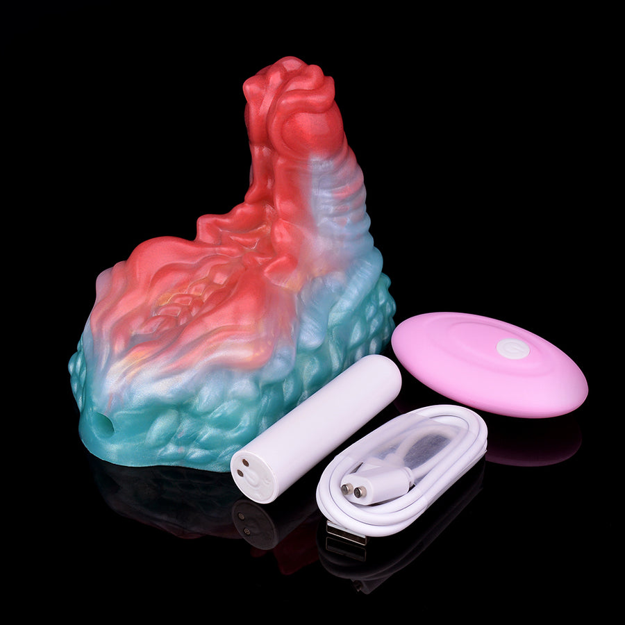 Vibrating grinder sex toy with pink wireless vibrator and white controller, red/blue translucent