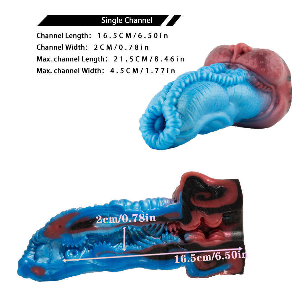 Curved blue silicone toy with red underside detail and ridged grip.