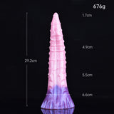 Octopus butt plug dimensions shown on pink-purple silicone tentacle