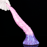 Pink silicone tentacle dildo with octopus-style base, glossy raised bumps