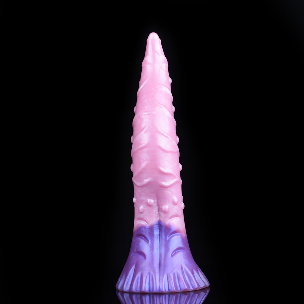 Tall silicone tentacle dildo with bulbous octopus base, pink top and purple base