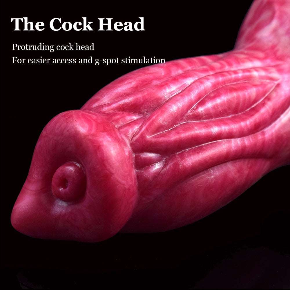 Turuk dog dildo head, close-up of pink protruding tip and ribbed shaft