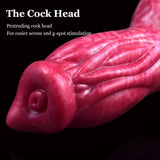Turuk dog dildo head, close-up of pink protruding tip and ribbed shaft