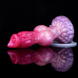 Turuk dog dildo with coiled hose on base, pink and purple, side profile