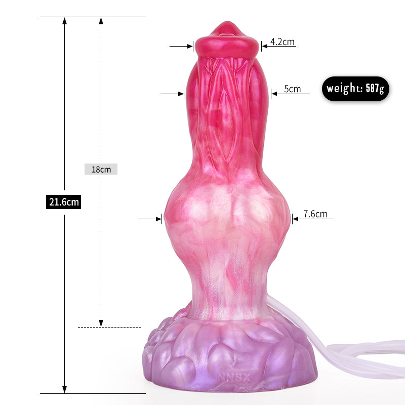 Turuk squirting dog dildo dimensions shown: 18cm length, 4.2cm top width, 7.6cm base