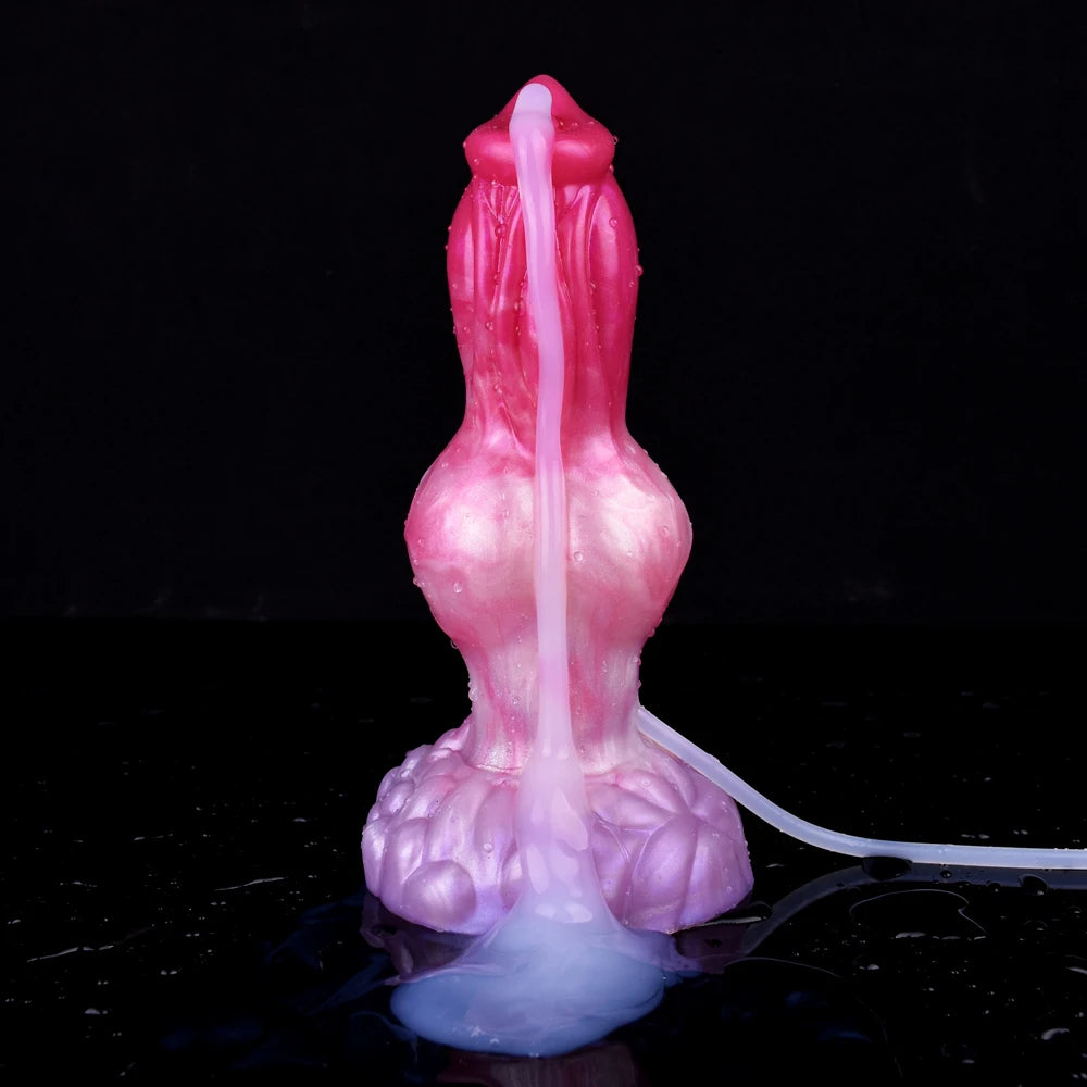 Turuk dog-shaped squirt dildo, pink body, straight tube attached at the top