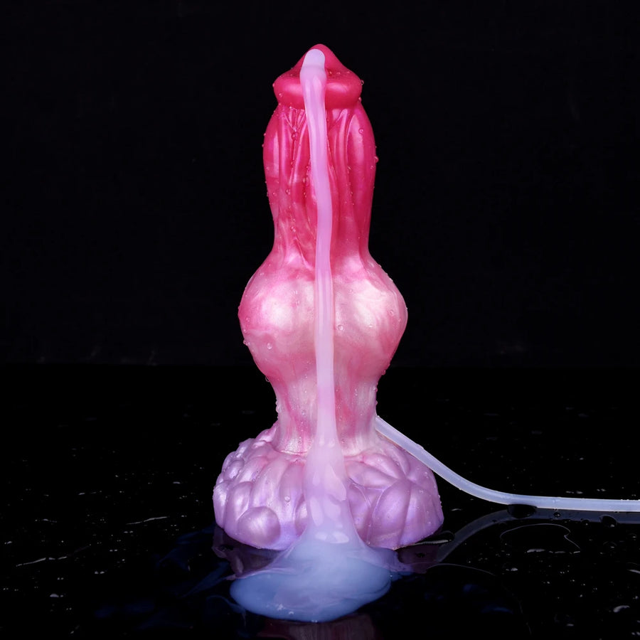 Turuk pink canine dildo with clear hose standing upright on base