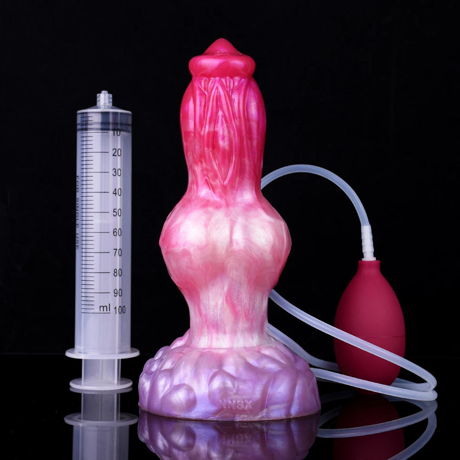 Turuk squirting canine dildo with measuring syringe and red bulb connected