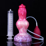 Turuk squirting dog-shaped dildo with knot detail, pink and purple, with tubing