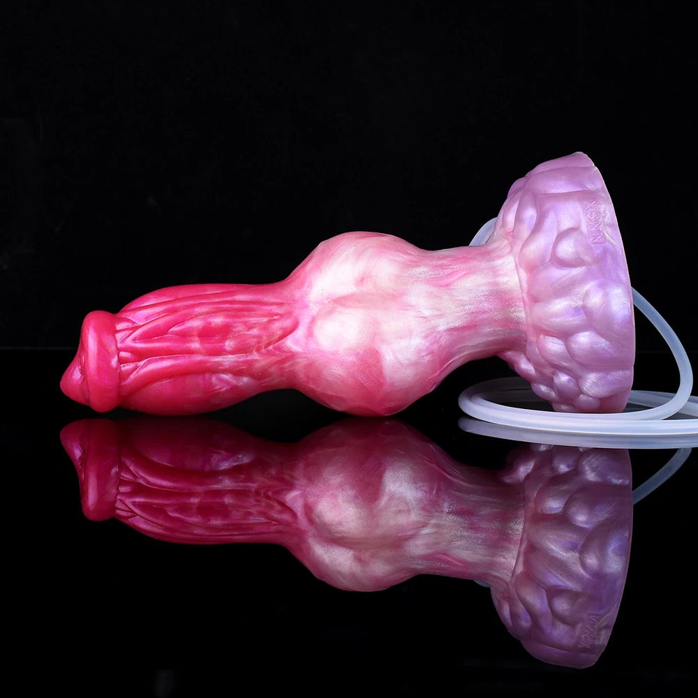 Turuk dog dildo side view, curved clear hose, pink and purple textured body
