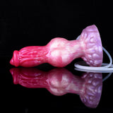 Turuk dog dildo side view, curved clear hose, pink and purple textured body