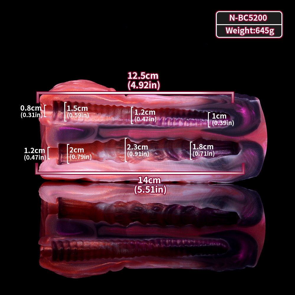 Twin Ember clutch, labeled measurements on side view, red and purple glossy