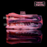 Twin Ember clutch, labeled measurements on side view, red and purple glossy