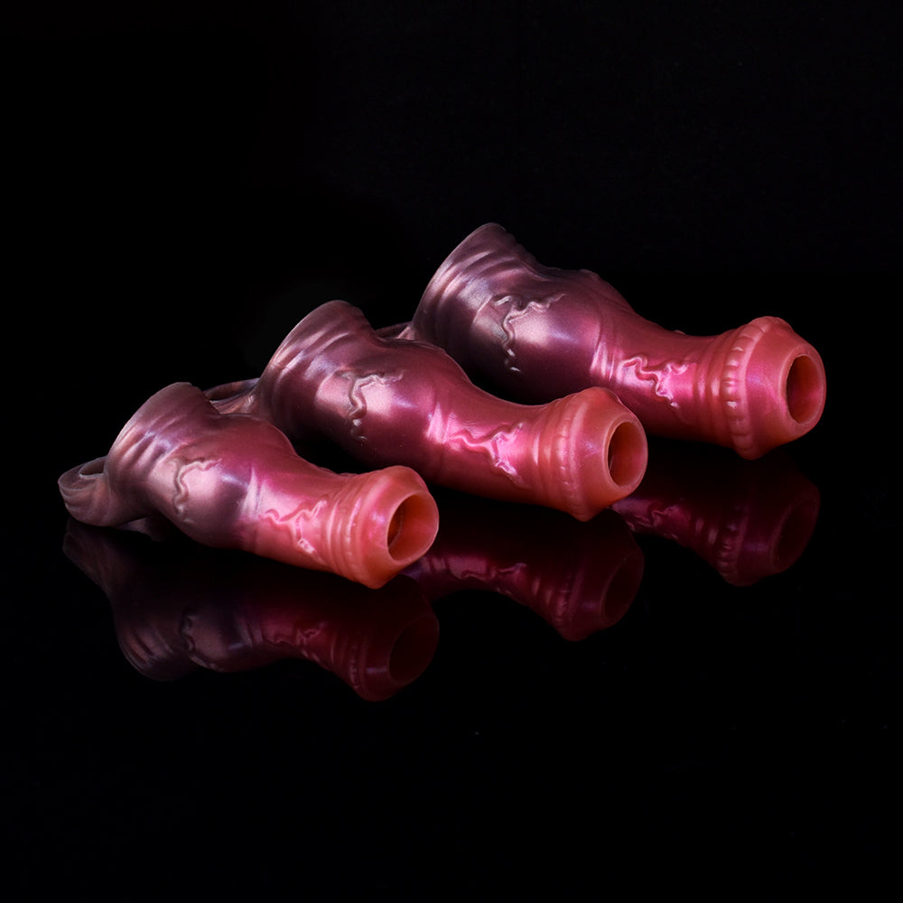 Burgundy fantasy horse-knot penis extender sleeves, three pieces with flared ends