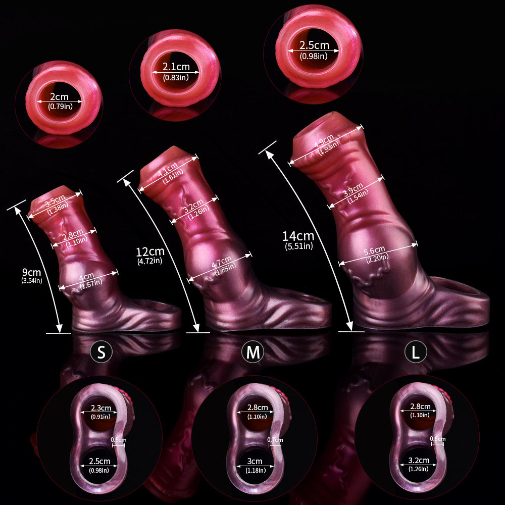 Size guide for pink horse-knot penis extender sleeves (S, M, L) with measurements