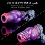 Purple galaxy silicone penis knot sleeve with ridged blue tail and open ring