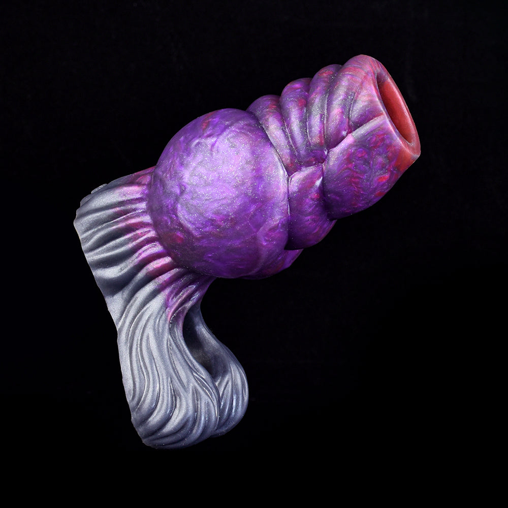 Purple galaxy silicone penis knot sleeve with ridged blue tail and open ring