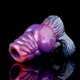 Silicone penis knot sleeve, purple galaxy pattern with ridged blue tail