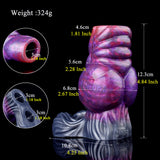 Silicone penis knot sleeve with size guide, purple galaxy pattern and ridged blue tail
