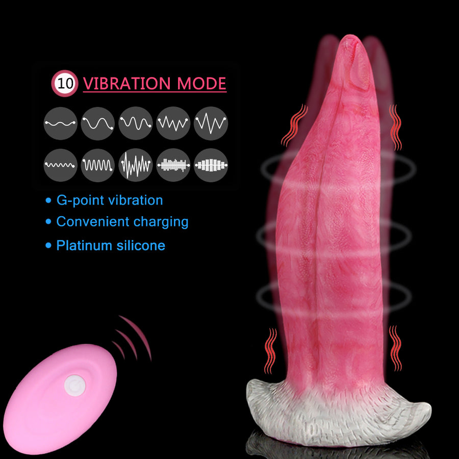 Pink tongue-shaped vibrating massager standing upright with white base and textured pattern