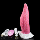Pink monster tongue vibrator with curved shape and white textured base