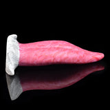 Side view of pink textured monster tongue vibrator with white base