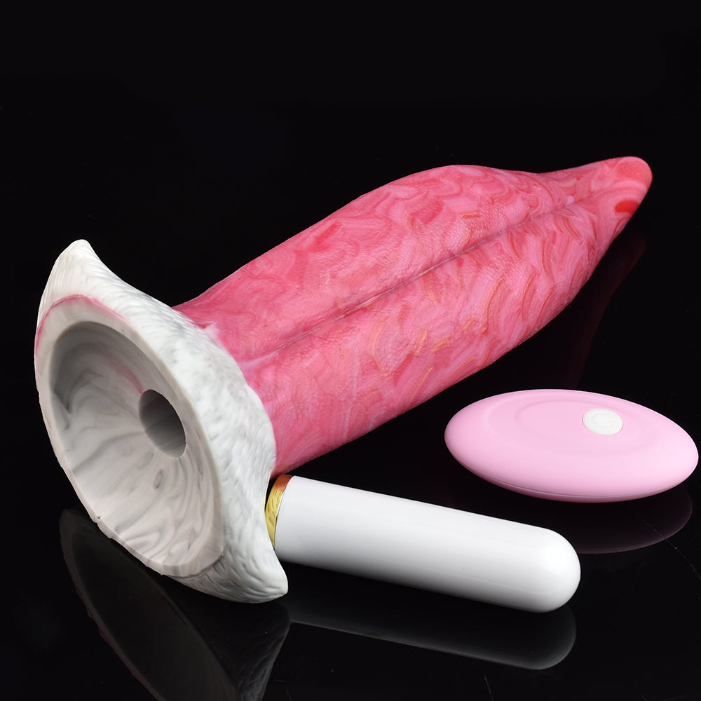 8.4-inch pink vibrating monster tongue with textured surface and white suction base