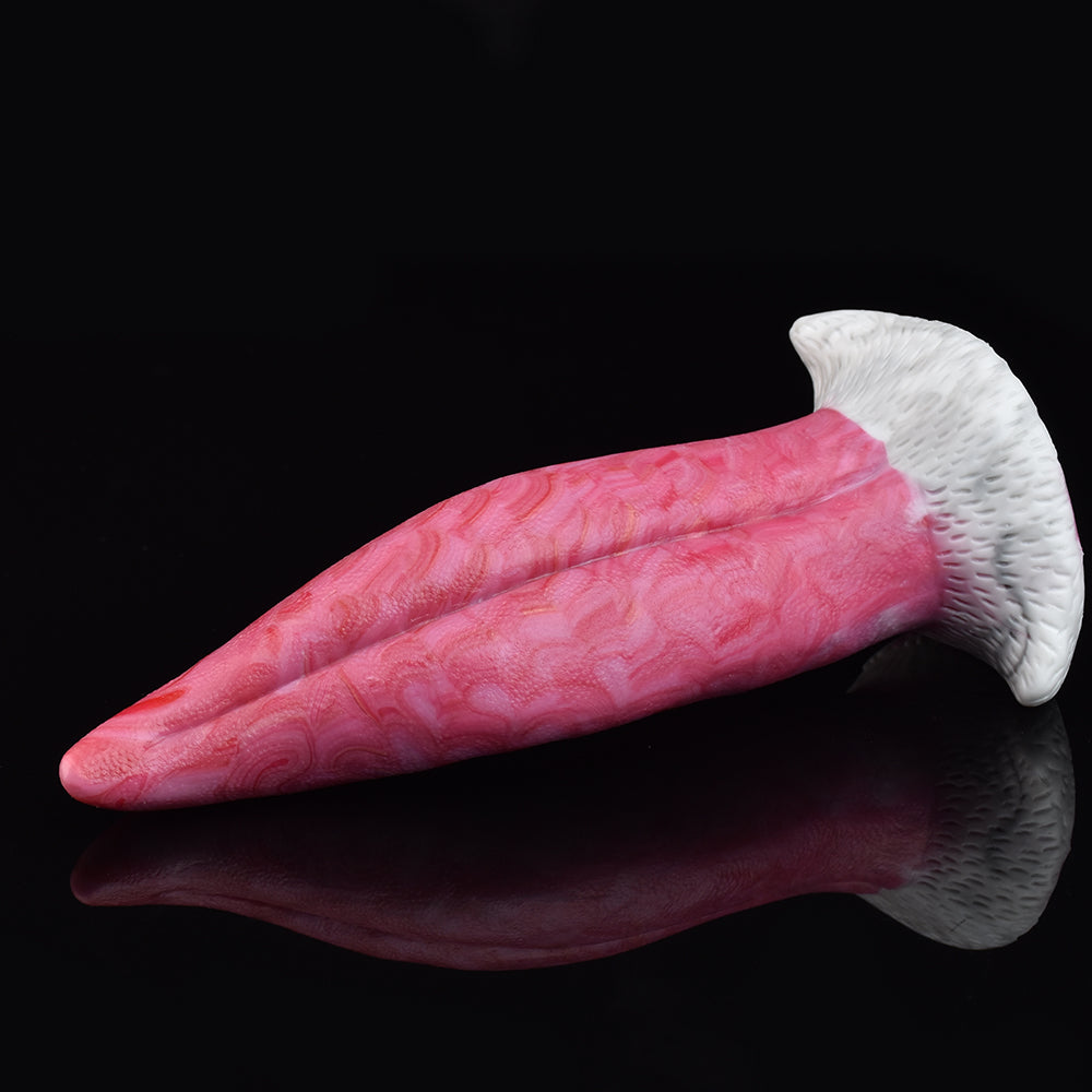 8.4-inch pink tongue-shaped vibrator with ridged white rim base