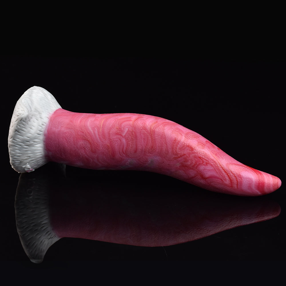 8.4-inch pink textured monster tongue vibrator with white base, side view