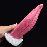 Pink textured silicone vibrator tongue held in hand with white flared base
