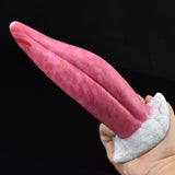 Close-up of pink curved monster tongue vibrator with white textured base