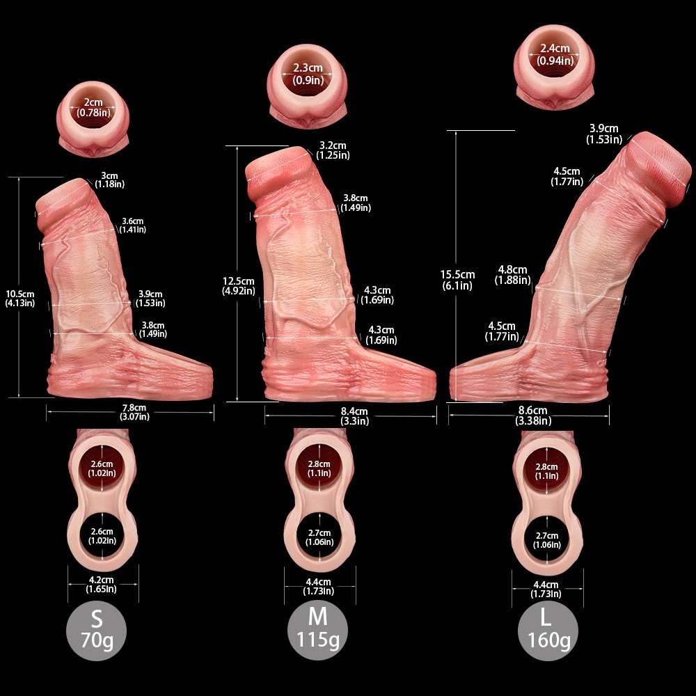 Size chart for cock extender sleeve with scrotum ring (S/M/L) and weight
