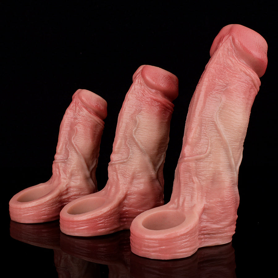 Cock extender sleeves, pink textured designs with open ends shown together.