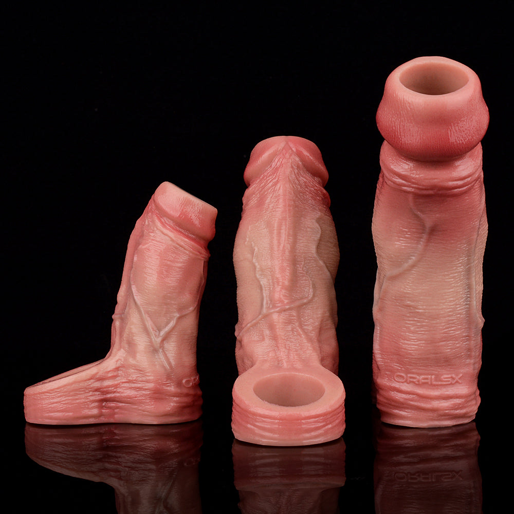 Realistische Penis-Hülle mit Hodensackring, rosafarben; gerippter Griff