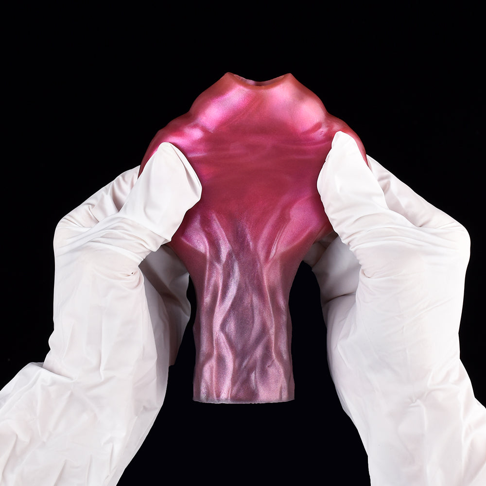 Red satin cock sleeve extender with white arm cuffs, shaped torso-front panel