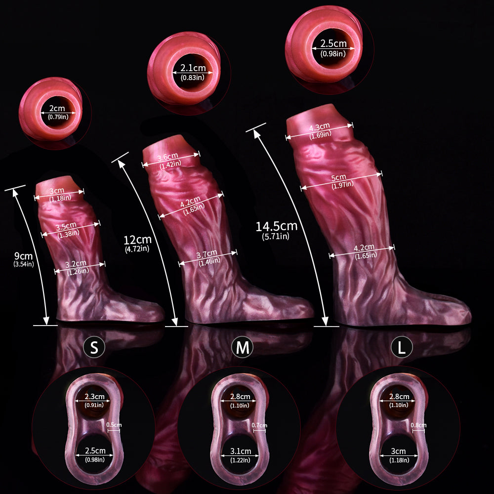 Sizing chart for magenta-pink cock sleeve extender: S, M, L measurements shown