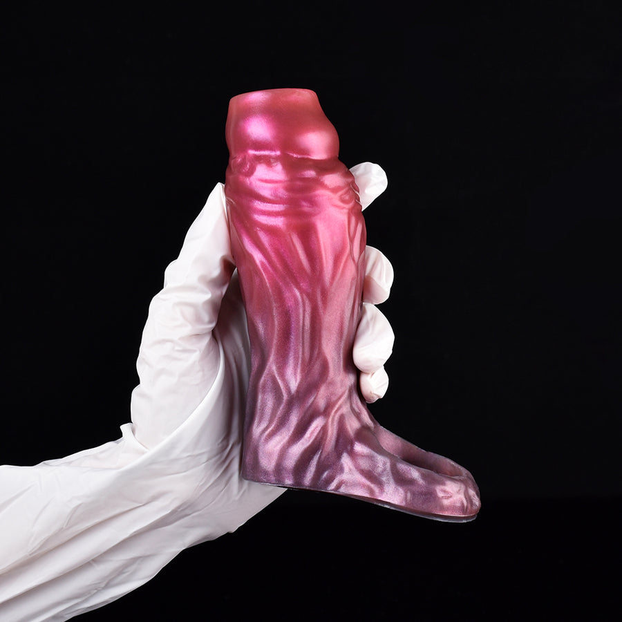 Pink metallic fantasy extender with white gloves, curved base, open top