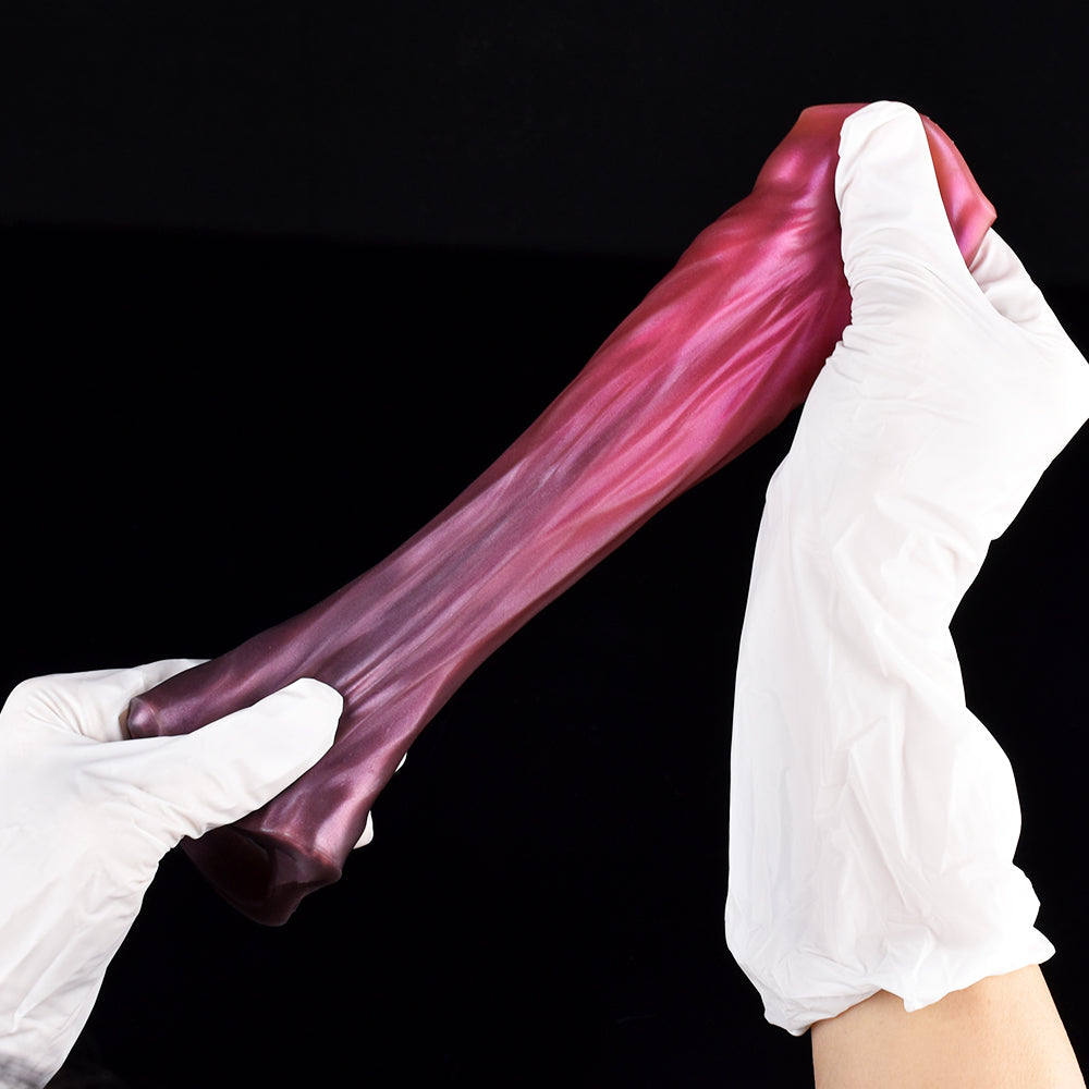 Fuchsia satin cock sleeve extender with white glove cuffs and long tapered purple section