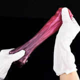 Fuchsia satin cock sleeve extender with white glove cuffs and long tapered purple section