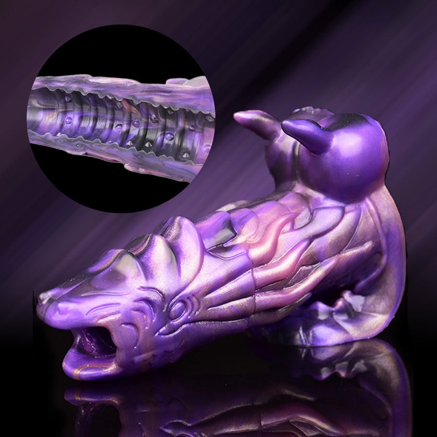 Purple dragon fantasy sheath sleeve, scaly design with ribbed texture, side view